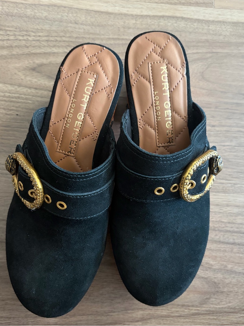 Kurt Geiger Black Suede Slide Mules with Ornate Gold Buckles - Picture 2 of 6